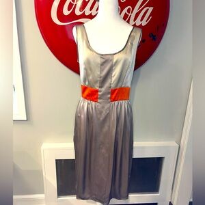Narciso Rodriguez 100% silk gray/taupe midi flowy dress with orange band, size 8